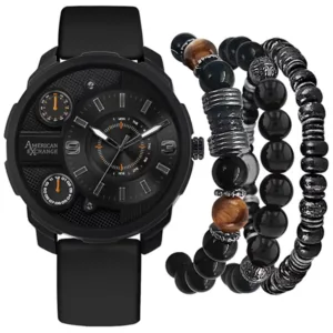 SET AMERICAN EXCHANGE MEN'S BLACK RUBBER STRAP WATCH 46MM GIFT SET