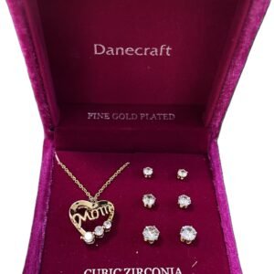 SET DANECRAFT CADENA + 3 PARES DE ARETES BAÑADOS EN ORO FINO Y PIEDRAS DE ZIRCONIA