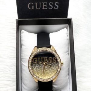 GUESS WOMEN'S GLITTER GOLD-TONE BLACK RUBBER STRAP WATCH U1385L1