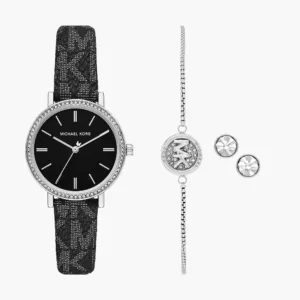 SET MICHAEL KORS THREE-HAND BLACK METALLIC PVC WATCH AND JEWELRY